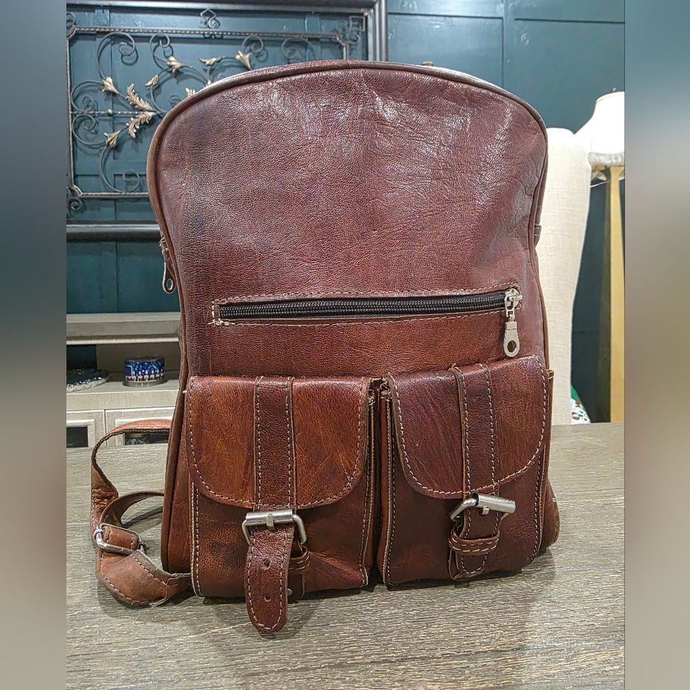 Vintage Handmade Brown Genuine Leather Rucksack Backpack 10x13x3
